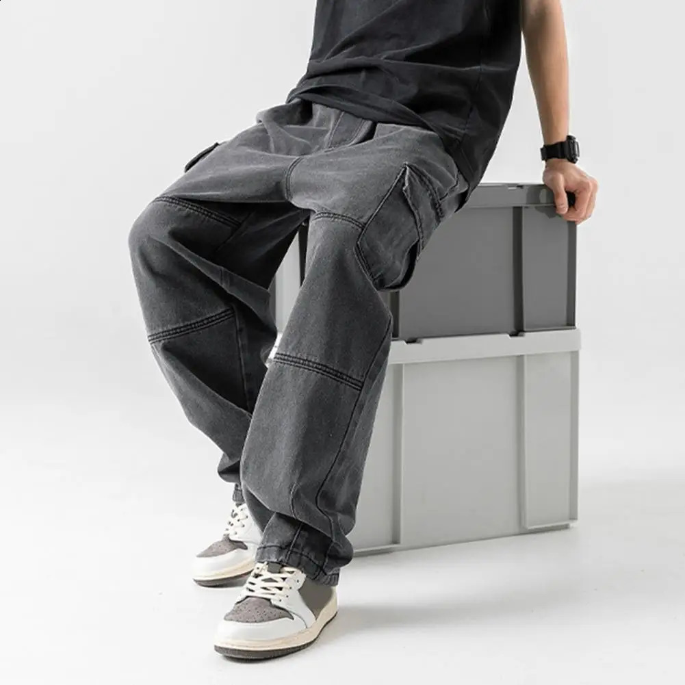 Denim Pants with Drawstring Mens Adjustable Drawstring Denim Pants with Pockets Loose Fit Washed Fabric for Style for Everyday 250120
