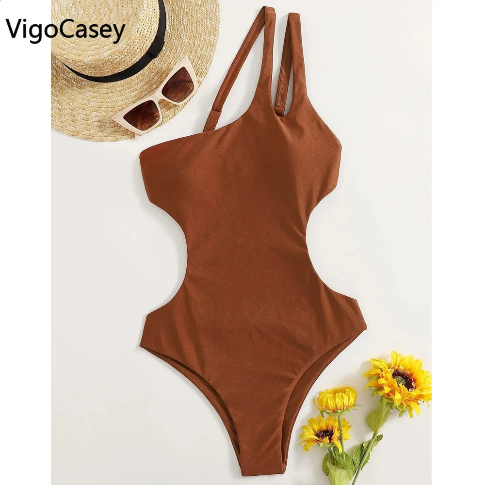 VigorCasey Solid One Shoulder Swimwear Women Sexy High Waist Hollow One Piece Swimsuit Monokini Backless Beach Bathing Suit 250117