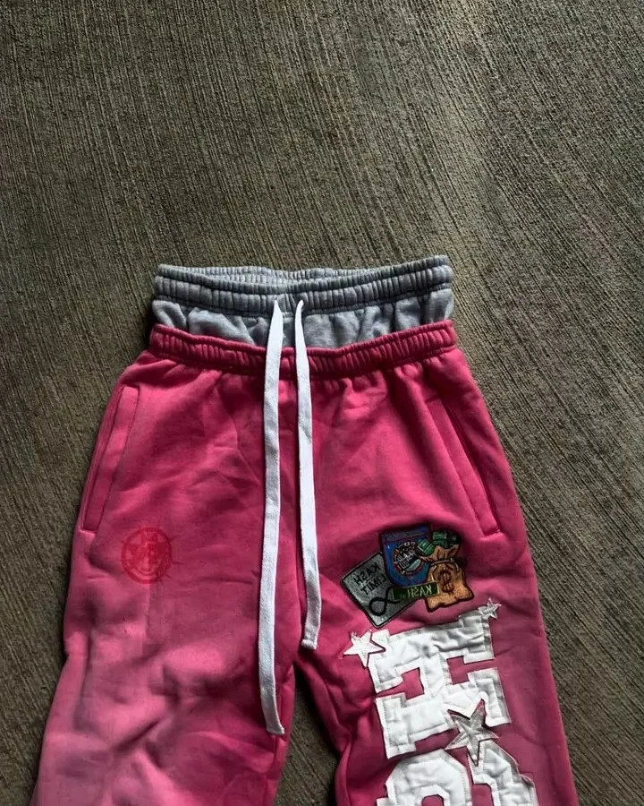 Womens Pink Double Layer Retro Sweatpants Y2K Pants Gothic Letter Patch ed Baggy Casual Drawstr Low Rise Joggers 250122