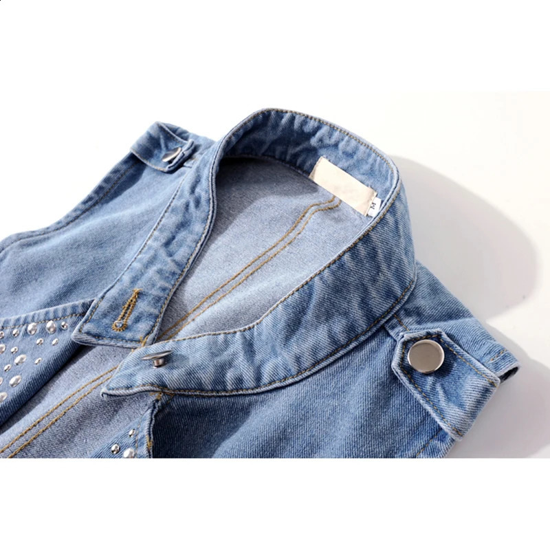 Vintage Blue Rivet Stand Collar Denim Vest Women Slim Short Cowboy Waistcoat Summer Korean Sleeveless Jeans Jacket Coat Female 250122