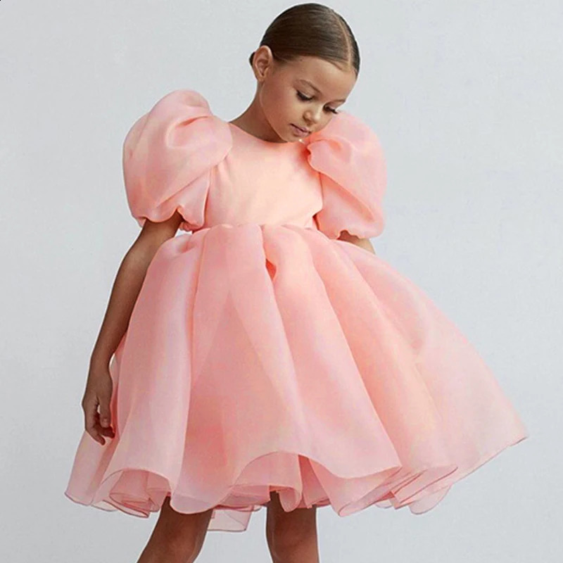 Fashion Girl White Princess Dress Tulle Puff Sleeve Wedding Party Kids Dresses for Girls Birthday Child Clothes Bridesmaid Gown 250117