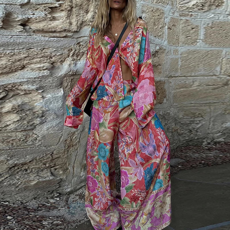 Bohemian Loose Suit Lady Button Shirt and Long Pants Holiday Outfit Casual Floral Print Womens Two Piece Set Spring Summer 250118
