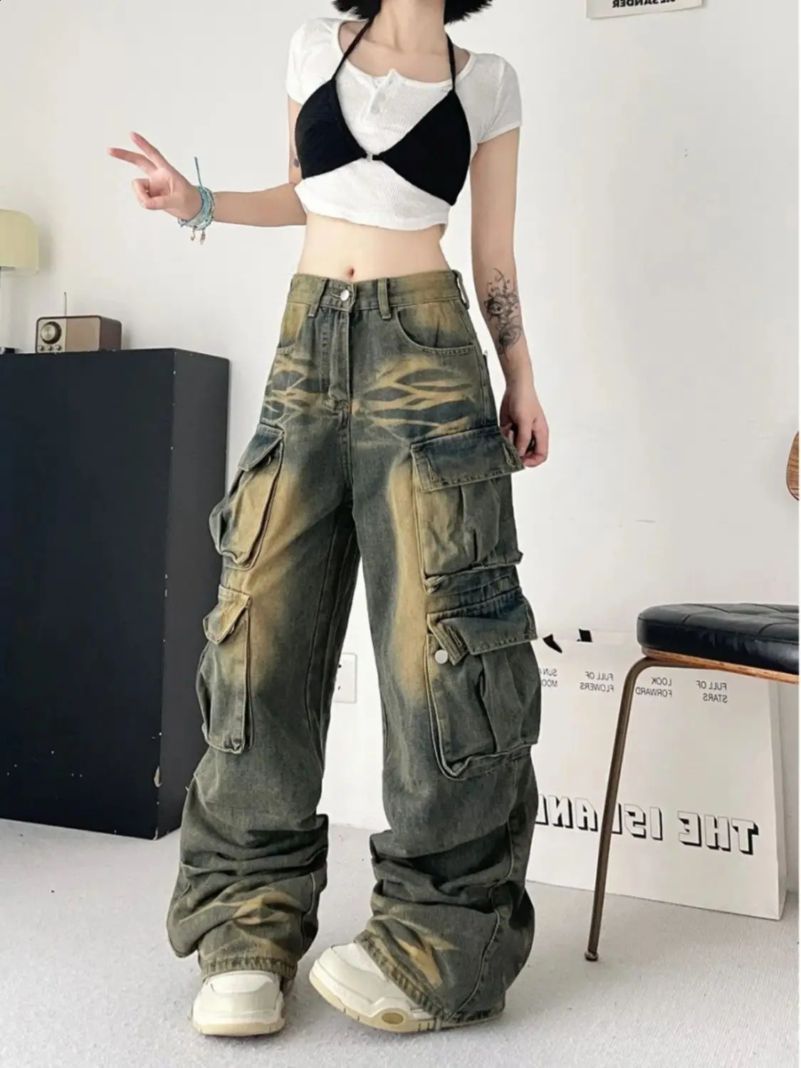 Y2K American Retro Multipocket Overalls Jeans Women High Street Waist Loose Straight Tube Slim and Wide Leg Mop Pants 250122