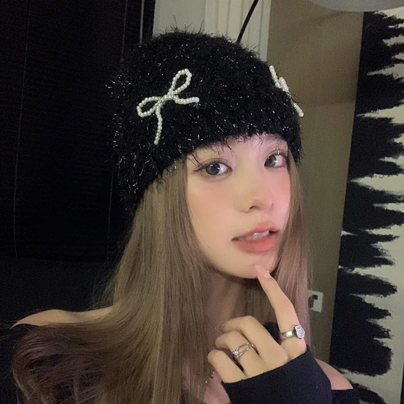 Sweet Pearl Bow Knitted Bean Hat Y2K Autumn/Winter Travel Versatile Warm and Personalized Womens Pullup Hat 250109