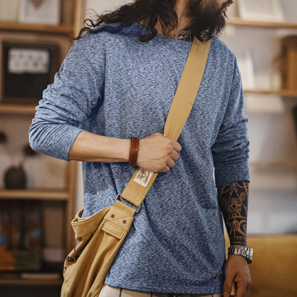 Maden Vintage Double-Sided Brushed Fleece Long-Sleeved T-Shirt Warm Inner Round-Neck Base Layer Shirt Men's Fall Pullover