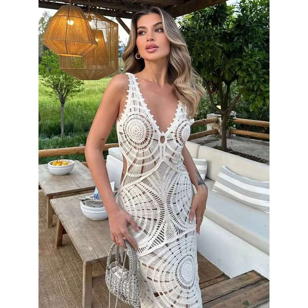 Knitted Crochet Female Dress 2023 V Neck Sleeveless Hollow Out Beach Vacation Dresses Women Summer Elegant Fashion Long Vestidos