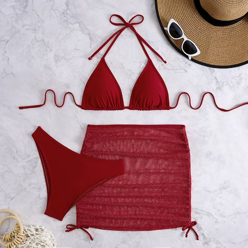 3Pcs Women Strappy Strings Bikini Set 2025 New Chic Swimwear Halter Neck Triangle Bikinis Adjustable Swimsuit With Crochet Cover-Ups Beachwear Solid C
