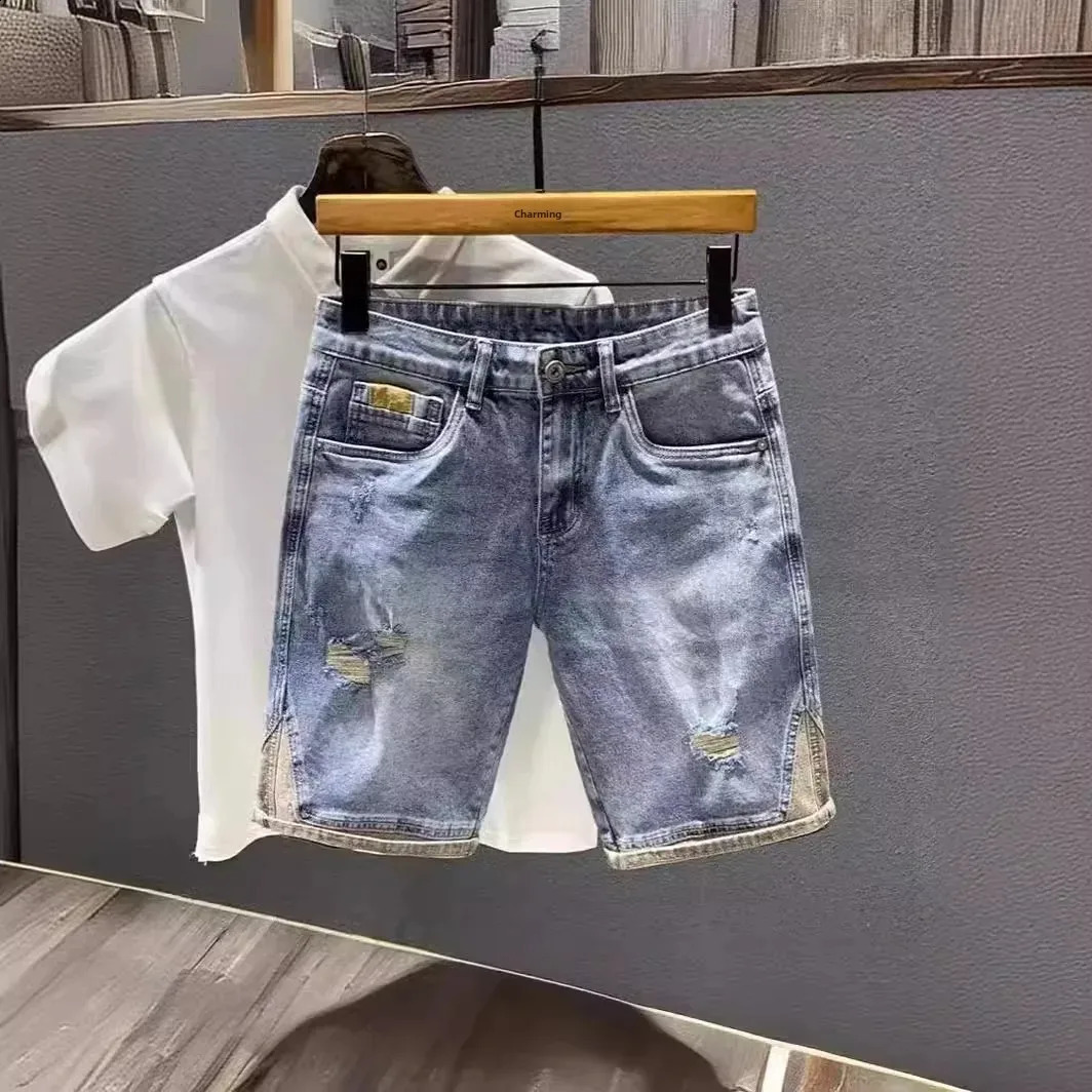 Trendy HighEnd Vintage Mens Denim Shorts Lightweight Summer Style Patchwork MidWaist Stretchy FivePiece Pants 250121
