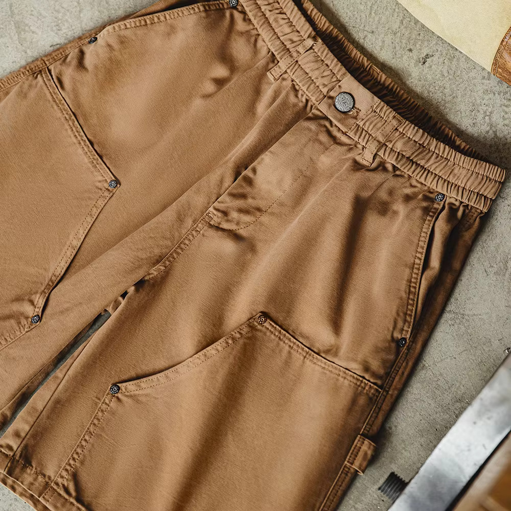 Maden Retro Logging Shorts With Elastic Waist Buttoned Cotton Straight Loose Solid Color Five-Quarter Pants For Men's Summer