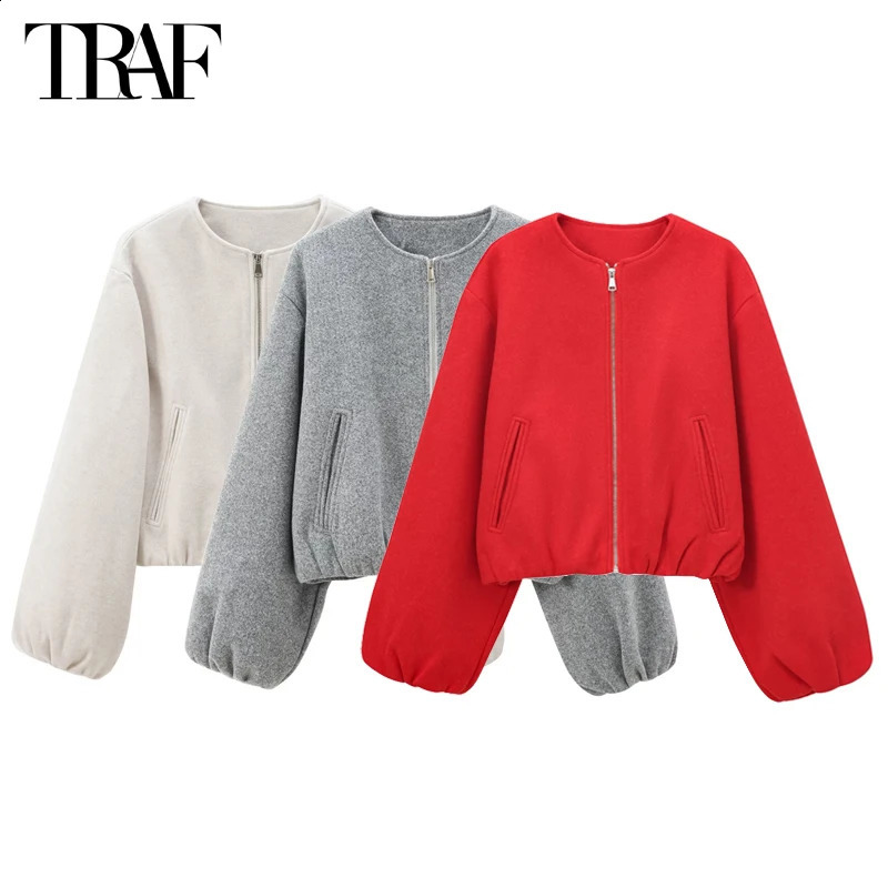 TRAF Red Zipper Bomber Jackets for Women Soft Cropped Jackets Woman 2024 Long Sleeve Womans Sports Jacket in Outerwears 250118