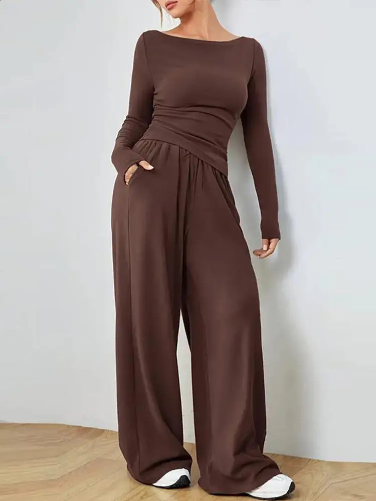 Women Two Piece Sets Pajama Set Sexy V-neck Long Sleeve Shirts Loose High Waist Wide Leg Pant Sets Lady Sleepwear Tracksuits 250120