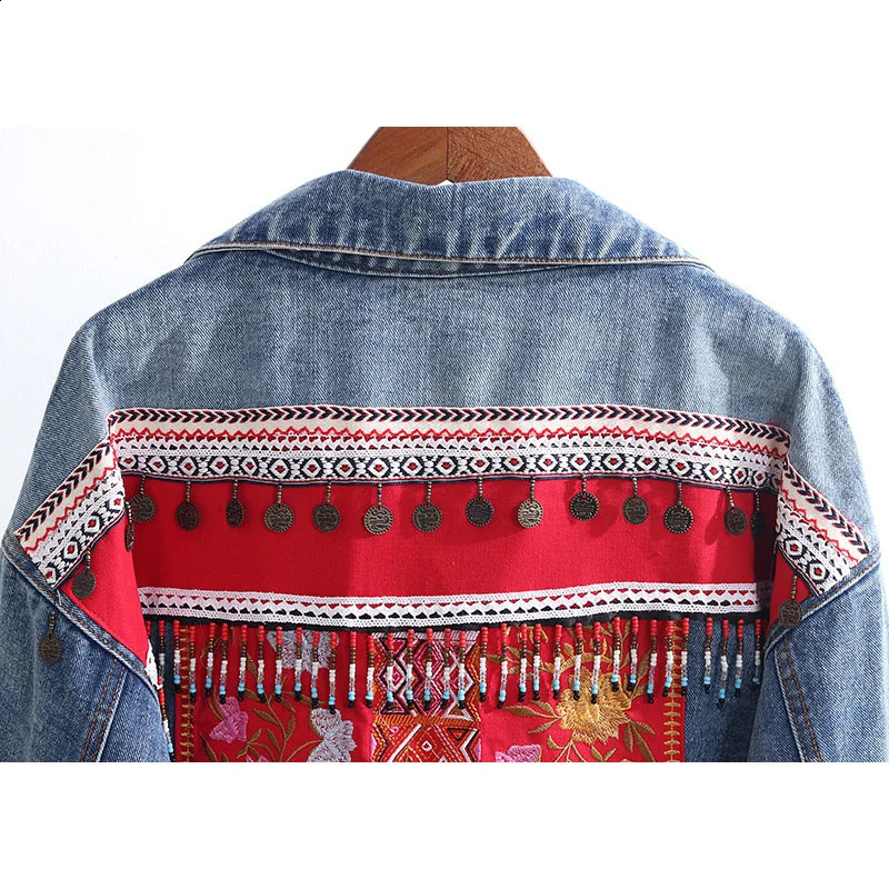 Boho Ethnic Style Sequins Beaded Tassel Vintage Flower Embroidery Women Jean Jacket Autumn Casual Loose Denim Coat Streetwear 250116