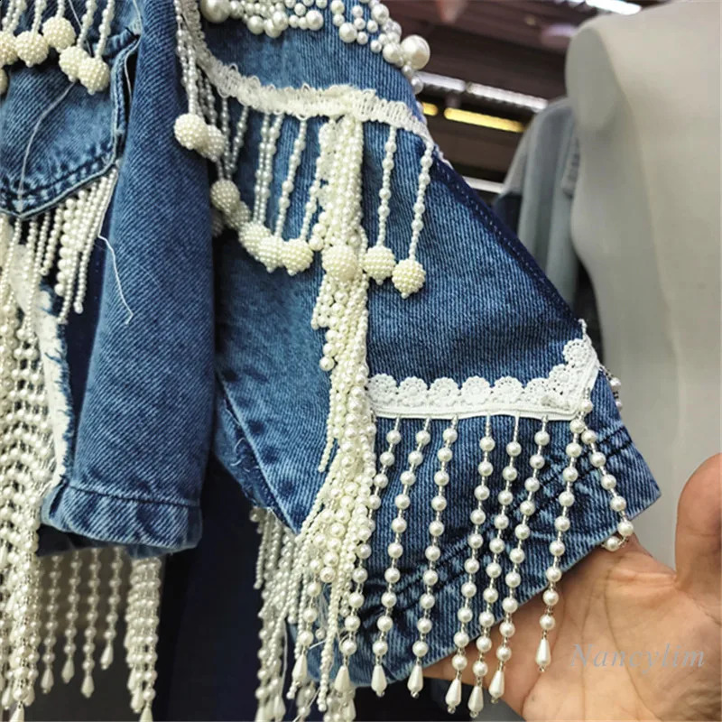 Woman Pearls Beaded Tassels Denim Jacket Pearls Fringed Holes Jeans Coat Beading Cow Streetwear Tuin Down Collar Tops 250121