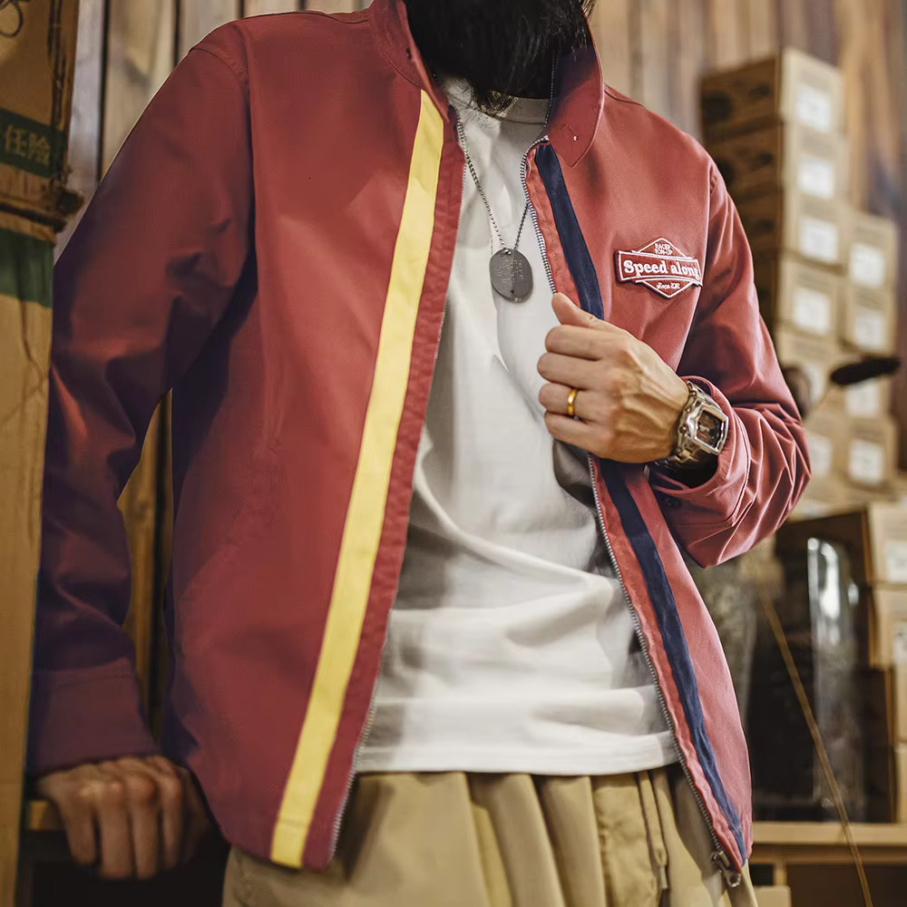 Maden New Retro 60'S Contrasting Racing Jacket Stand-Up Collar Sporty And Casual Zippered Outerwear For Men's Versatile Jackets