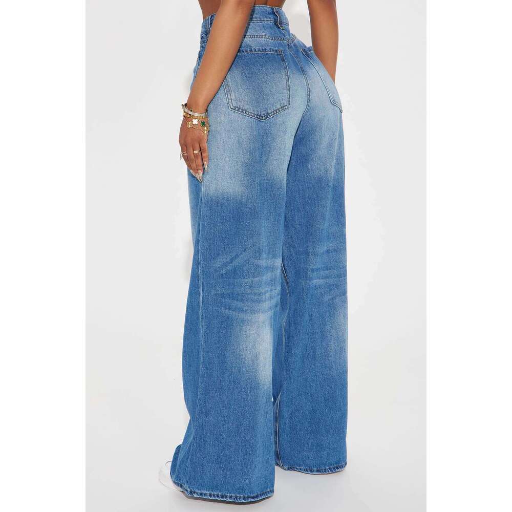 High Street Bleached Baggy American Style Full Length Jeans Vintage Scratched Wide Leg Pants Femme Trousers