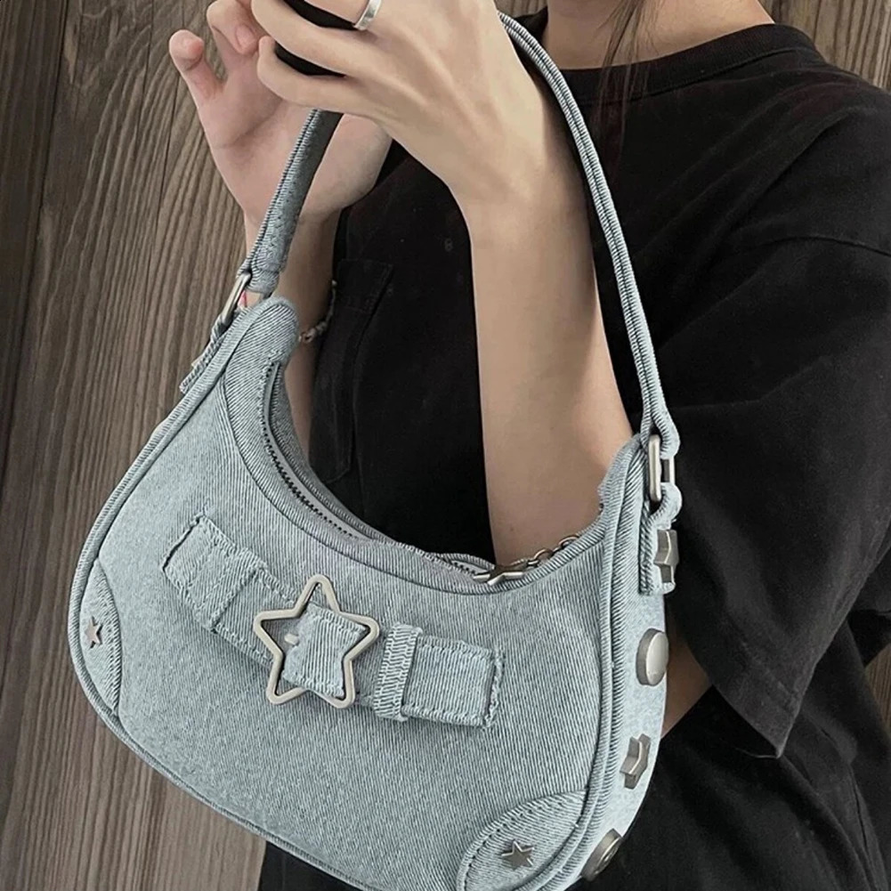 Vintage Star Handbags for Women Fashion Hobos Shoulder Underarm Bag Ladies Clutch Denim Y2k Bag Female Armpit Purses Cool Bag 250113