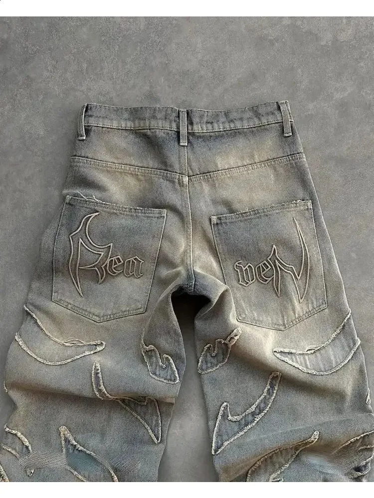 Y2K Harajuku Hip Hop Patch Heavy Industry Luggage Jeans Street Fashion Retro Gothic Casual Wide Leg Mens Wear 250117