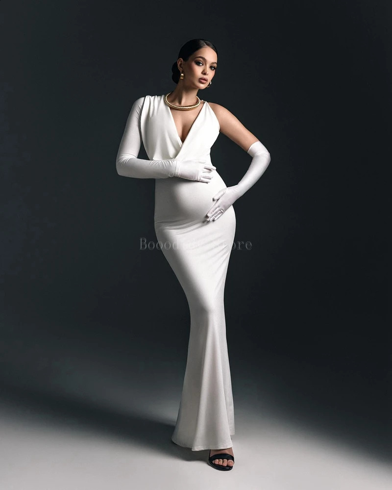 Maternity Fashionable and Sexy Vneck Bodycon Dress with One Shoulder Pure Color Stylish n Gloves for Pography Parties 250114