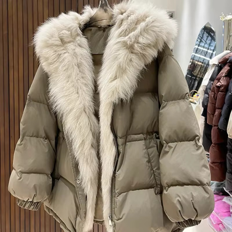 2024 New Winter Down Jacket Women Warm Oversized Real Natural Fox Fur Collar Hooded Waistband Puffer Feather Coats