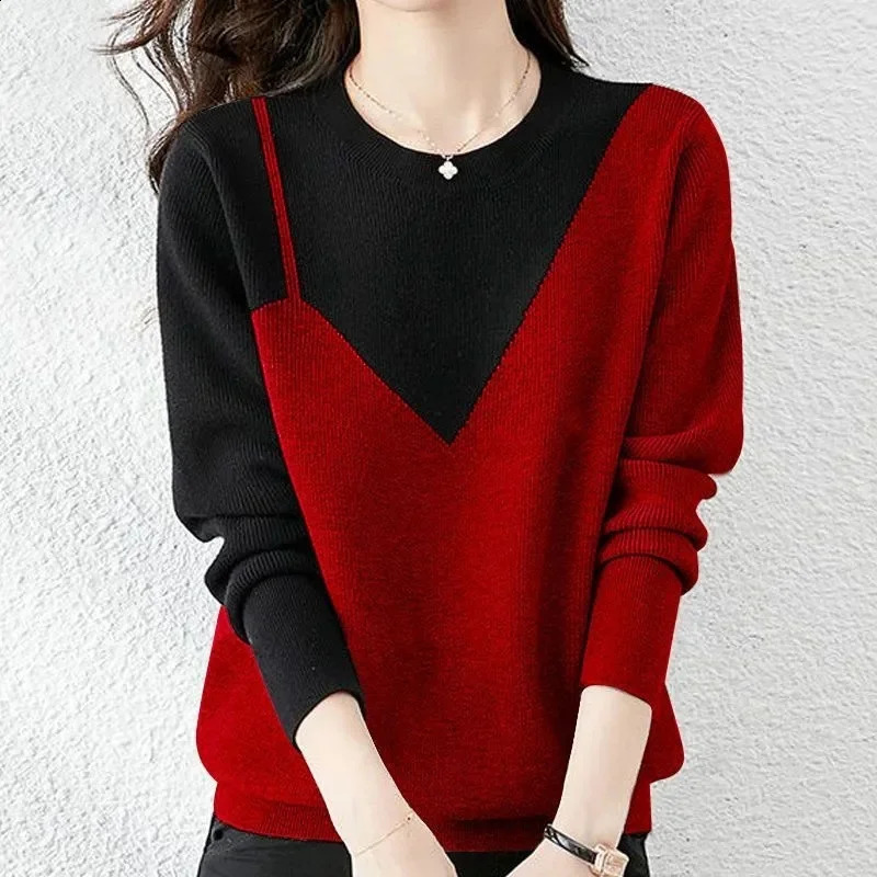 Contrasting Colors Long Sleeved Female Sweater Round Neck Lady Knitting Tops Fashion Loose Fitting Pullovers Women Knitwear 250114