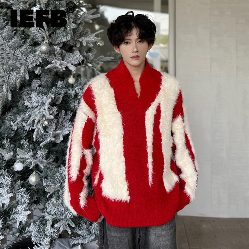 IEFB Niche n Mens Sweaters Vneck Patchwork Contrast Color Loose Pullovers Winter Trendy Male Knitting Top Chic 9C8395 250121