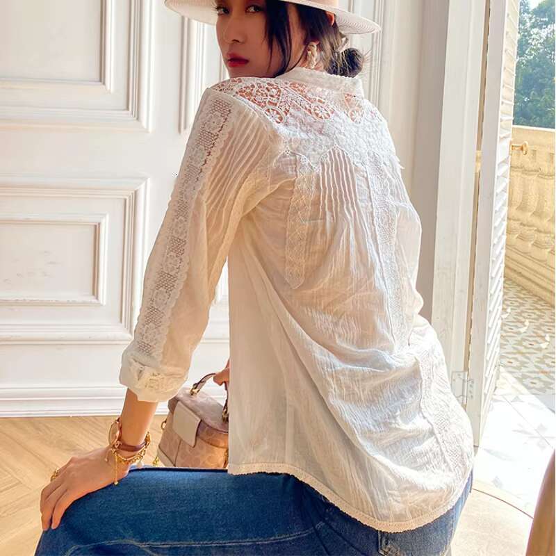 Women's New Bohemian White Solid Color Lace Free Casual Loose Cotton Shirt Top Boho Cute Blouses Chic Shirts