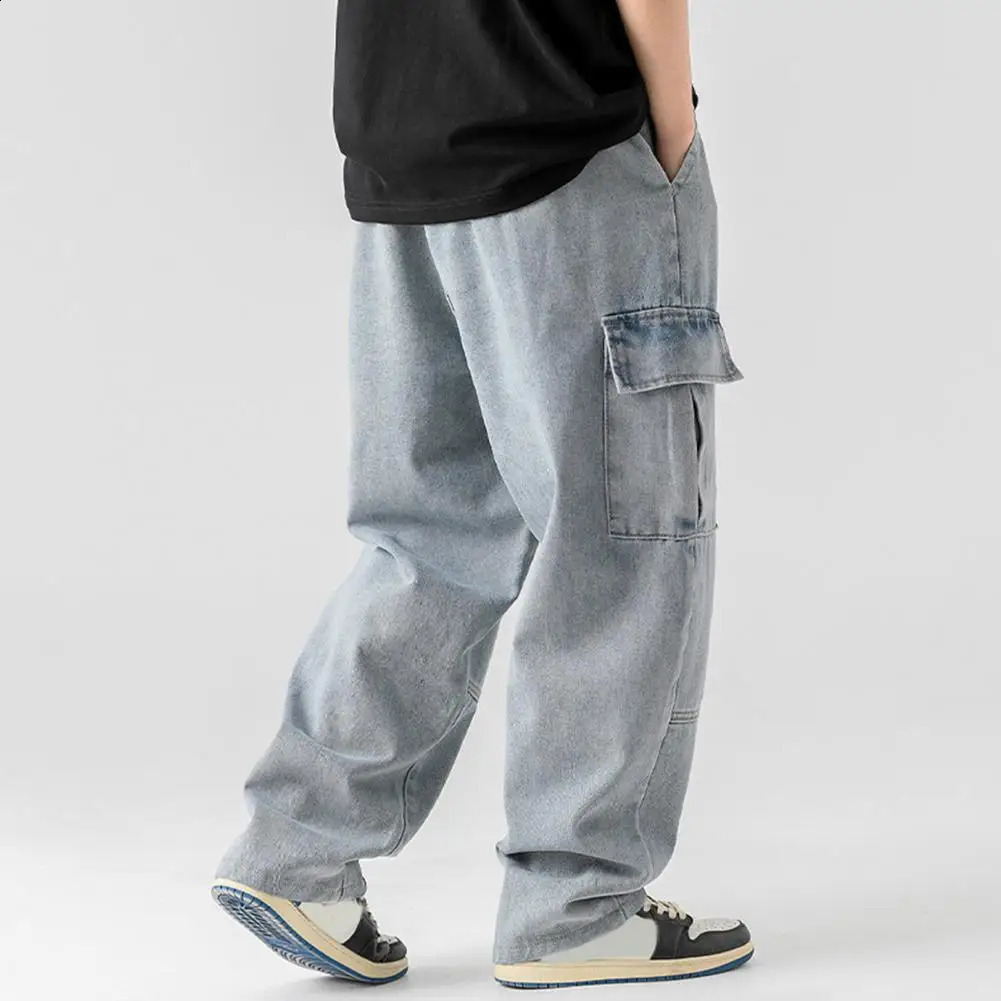 Denim Pants with Drawstring Mens Adjustable Drawstring Denim Pants with Pockets Loose Fit Washed Fabric for Style for Everyday 250120