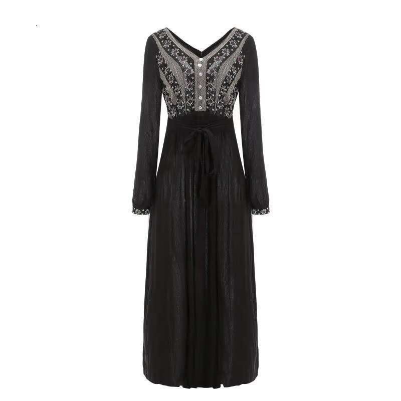 Bohemian Free Style Black Long-Sleeved Embroidery Maxi Cotton Open Back People Chic V Neck Beach Dress