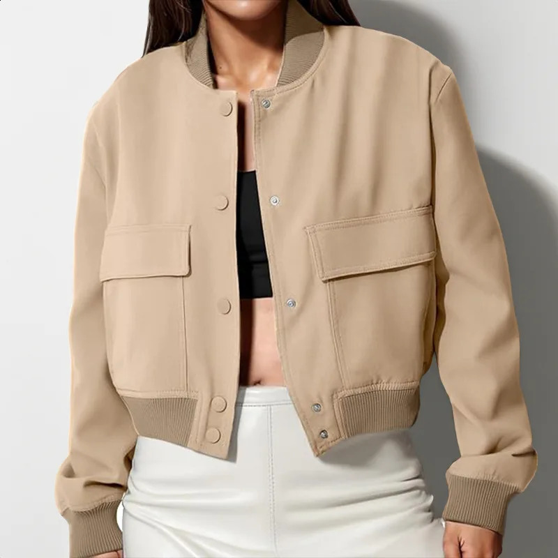 Solid Color Long Sleeve Womens Bomber Jacket Fashion Zipper Up Vintage Coat Tops Elegant Loose Basic Ladies Jackets 250122