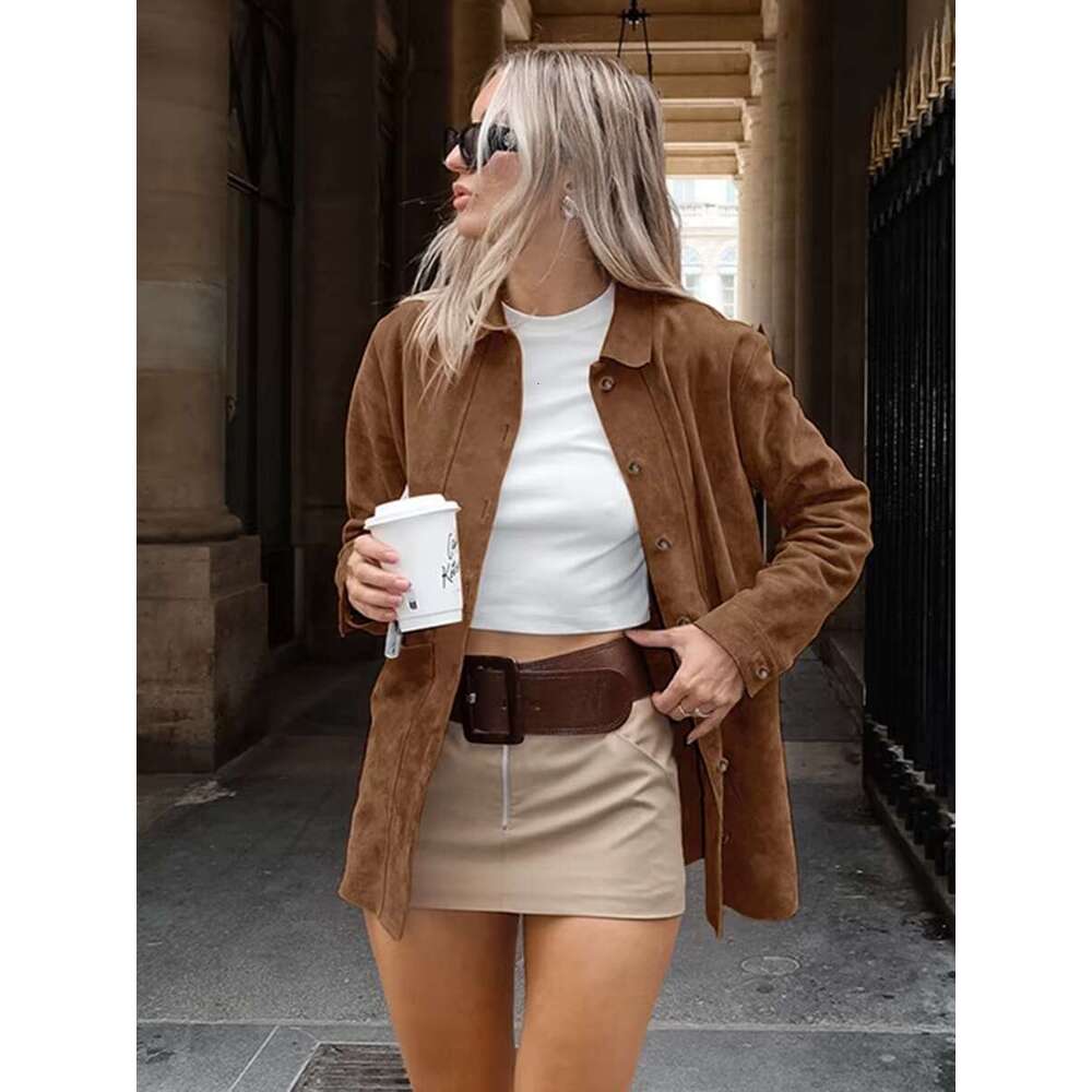 Autumn New Vintage Solid Suede Coat Women 2024 Button Up Long Sleeve Pockets Outerwear Streetwear Fashion Office Lady Jackets