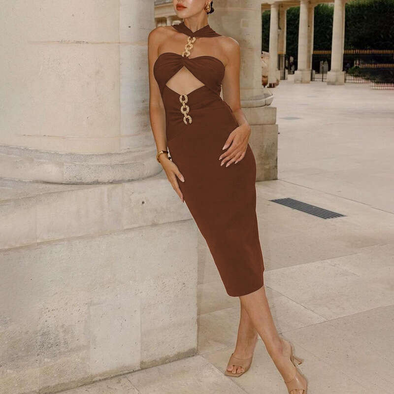Women's Wear Dress Metal Hanging Neck Sexy Hollow Strap For Women's New Style Spicy Girl Fashion Long Dress