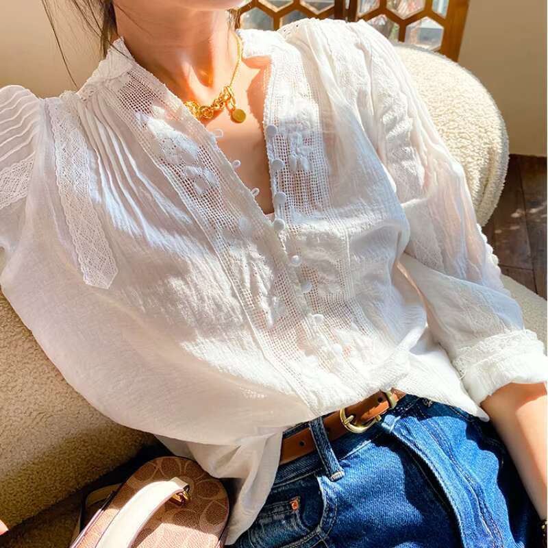 Women's New Bohemian White Solid Color Lace Free Casual Loose Cotton Shirt Top Boho Cute Blouses Chic Shirts