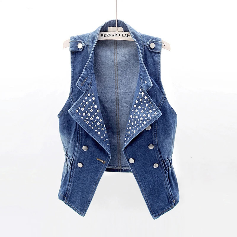 Vintage Blue Rivet Stand Collar Denim Vest Women Slim Short Cowboy Waistcoat Summer Korean Sleeveless Jeans Jacket Coat Female 250122