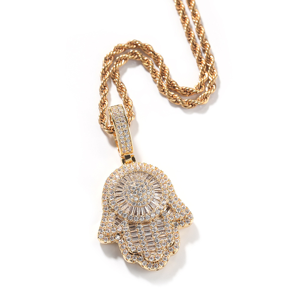 Hip Hop Vintage Hand Pendant Necklace Full 5A Zircon Gold Plated Women Men Jewelry Gift