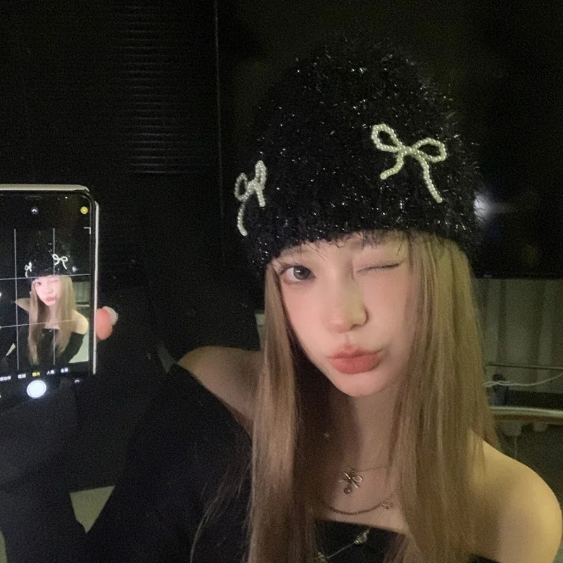 Sweet Pearl Bow Knitted Bean Hat Y2K Autumn/Winter Travel Versatile Warm and Personalized Womens Pullup Hat 250109