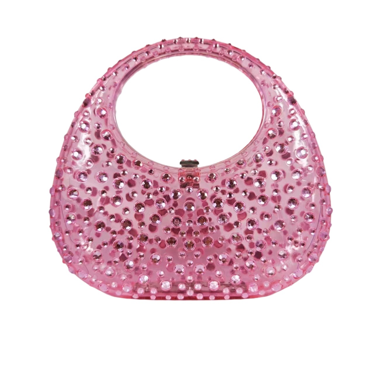 Ladies' Shiny Transparent Acrylic Box Bag With Studded Water Diamond Crescent Shaped Handbag For Dinner Party