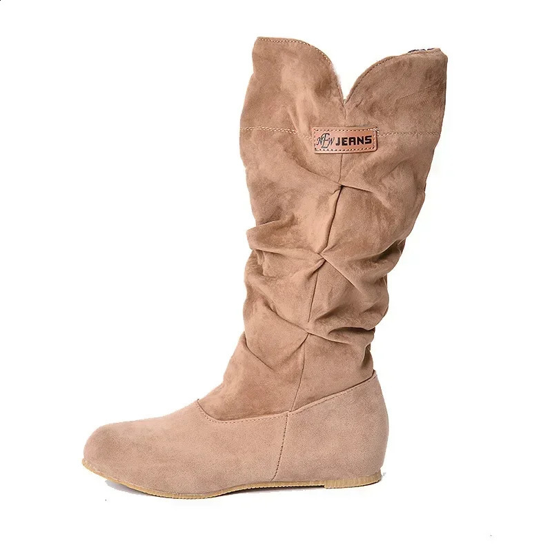 womens frosted mid tube pleated boots with flat lace retro knight winter warm Fashion leisure shoes for women 250117