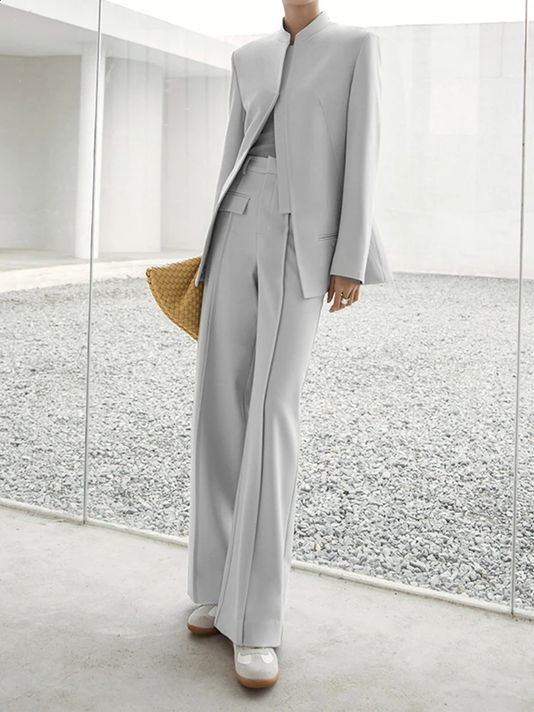 LANMREM Elegant 2 Piece Set For Women Stand Neck Zipper Cardigan Blazers High Waist Straight Pants 2025 Autumn CP3009 250114