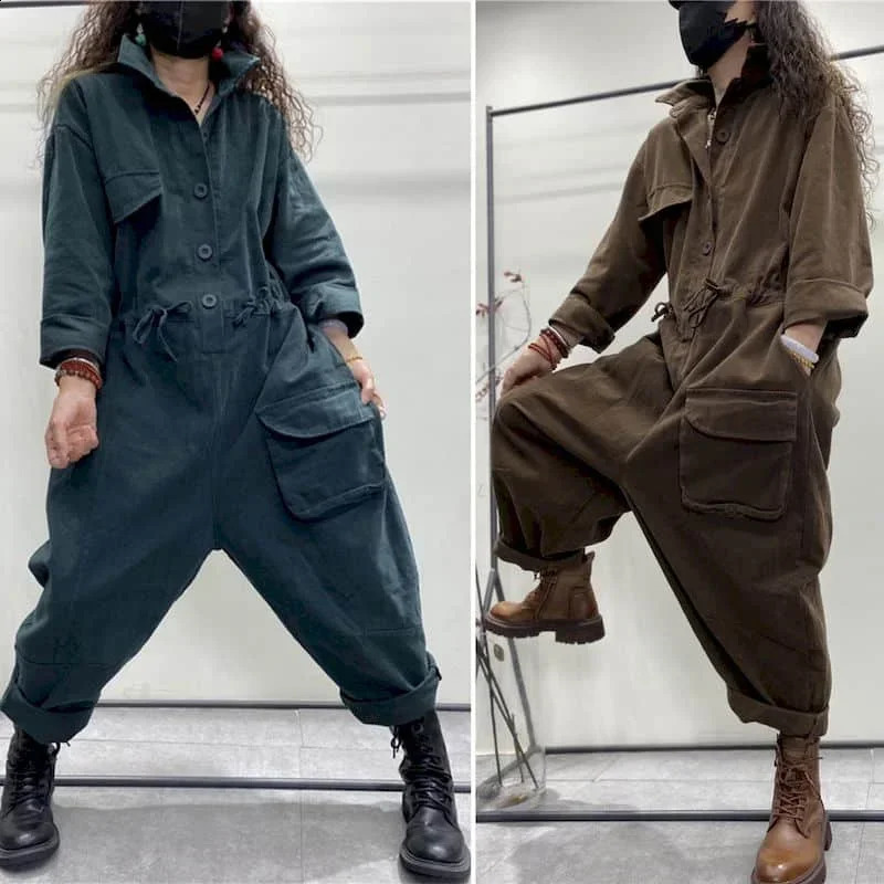 Oversized Jumpsuits Women Long Sleeve One Piece Outfit Women Cotton Linen Playsuits High Waist Pants Overalls for Women Clothes 250122