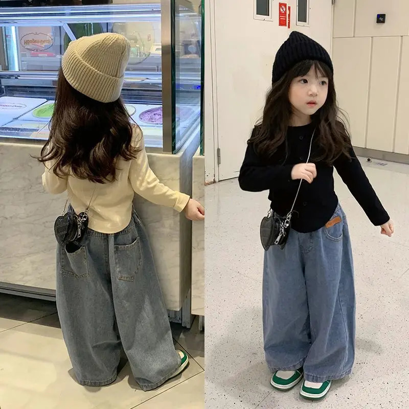 Spring Autumn Girls Suit Korean Style Bottoming Shirt Top Casual Jeans Girls Wide-leg Pants Loungewear 250113
