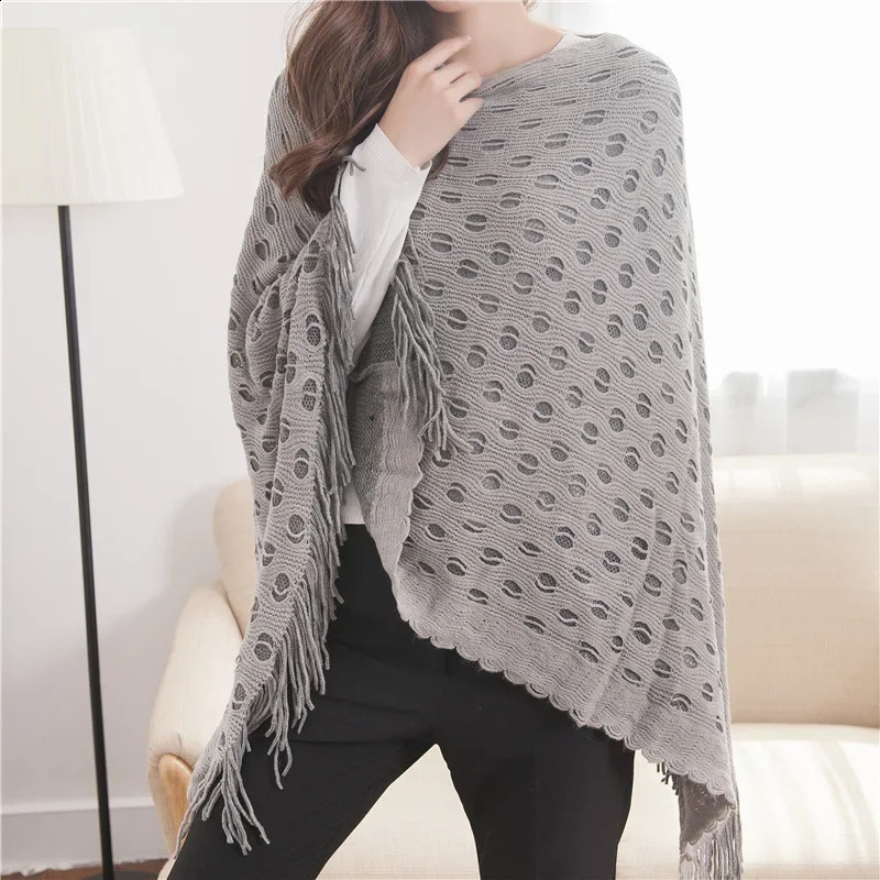 Spring Autumn Double-layer Irregular Shawl Hollowed Out Tassel Lattice Cloak Versatile Loose Pullover Poncho Black 250121