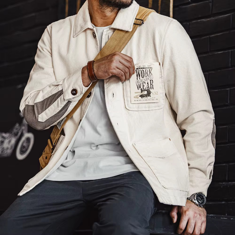 Maden Retro Heavyweight Cotton Jacket With Twill Lapel Sleeves Corduroy Splicing Design Single-Breasted Coat For Men's Autumn