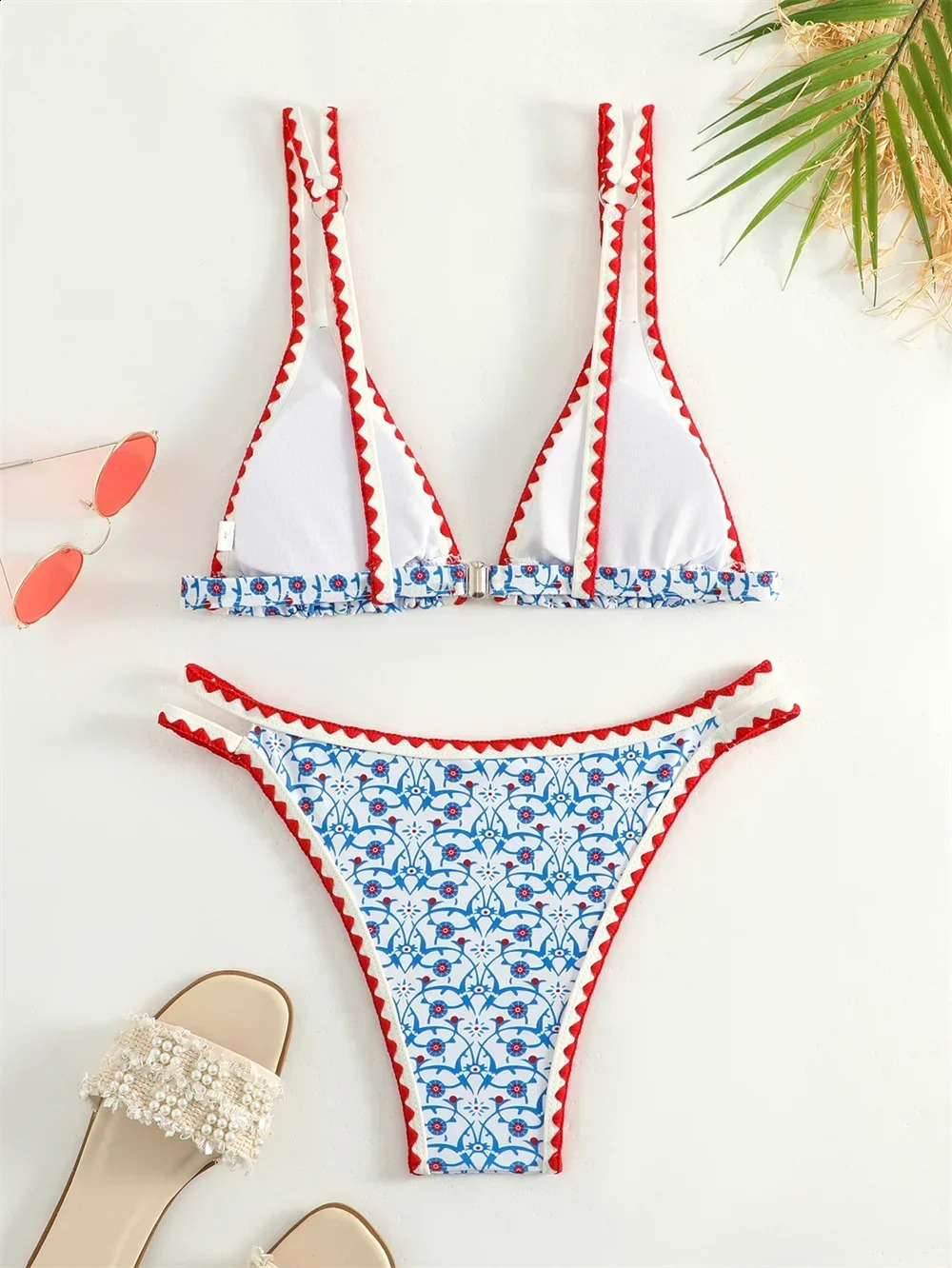 Trend Print Bikini Bordered Straps Swimsuit Thong Push Up Y2K Boho Swimwear Kawaii Women Two Piece Brazil BeachWear Bathing Suit 250118