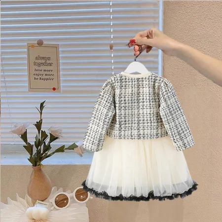 Spring Autumn 18Y Girl 2PCS Clothes Set Patchwork Bow Houndstooth Kid Coat Contrast Breathable Mesh Bubble Dress Suit 250116