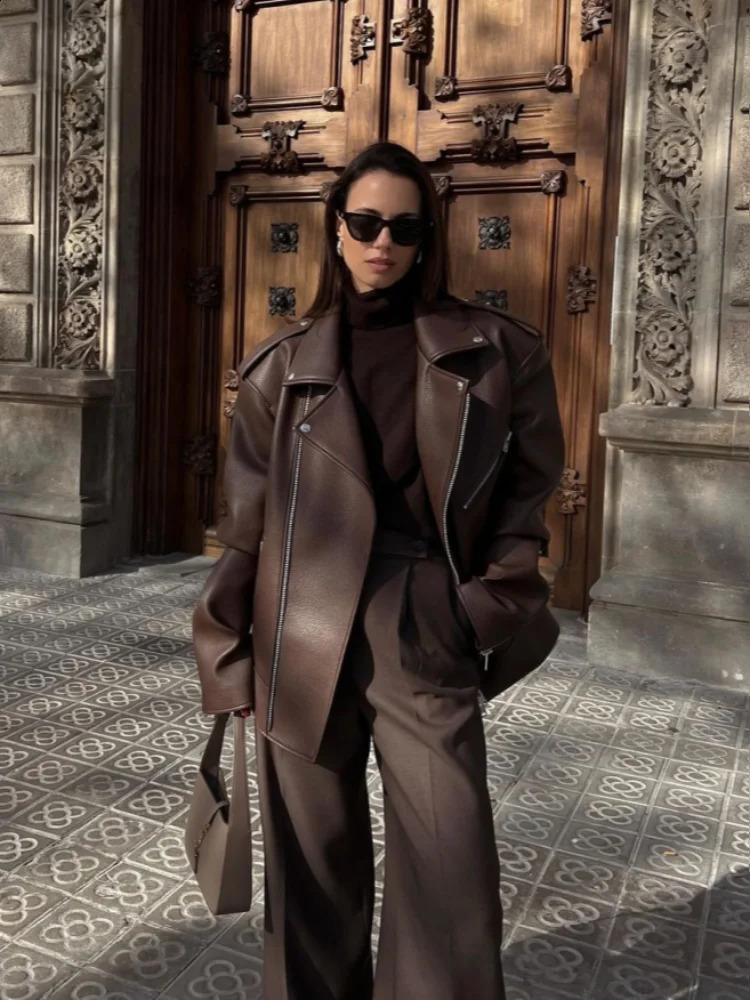 Elegant Turn-down Collar Women Jacket Fashion Pu Leather Full Sleeve Female Coat With Zipper Locomotive Loose Ladies Outwear 250122