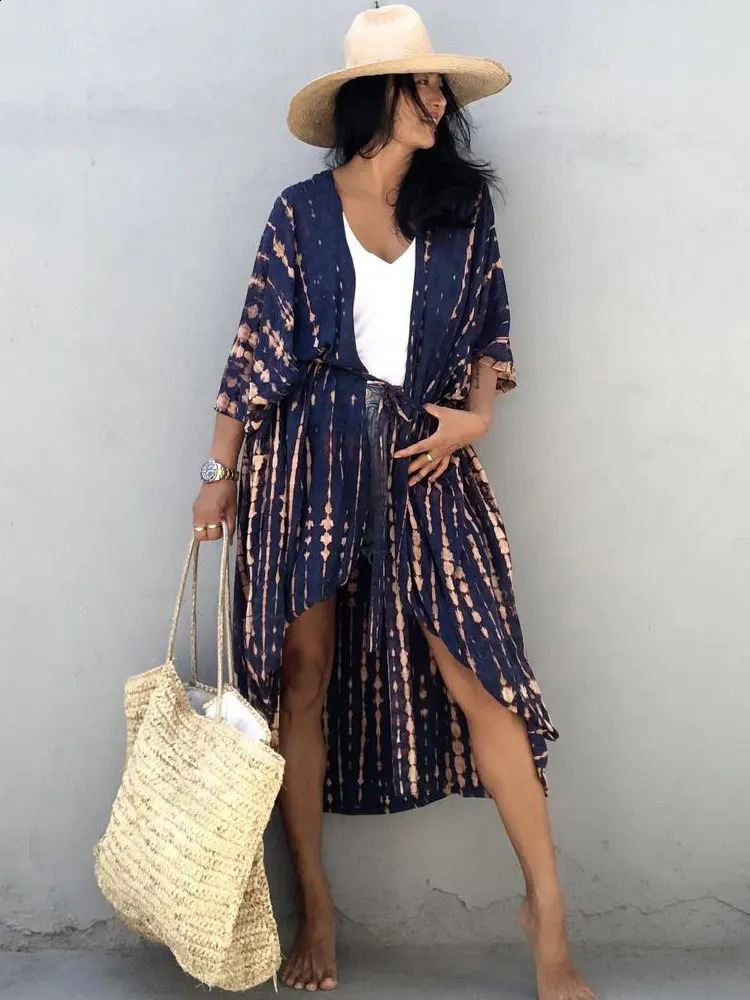 2023 Bikini Coverups Black Retro Striped Self Belted Women Summer Clothing Kimono Dress Beach Wear Swim Suit Cover Up Q1225 250122