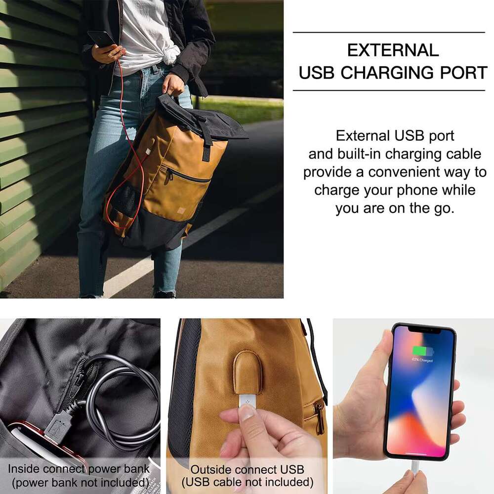 Evervanz Men Women Rolltop Leather And Polyester Laptop Backpack 17 Inches Large School Bag With USB Charging Port