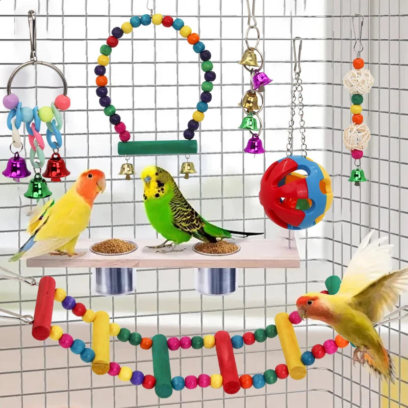 Parrot Bird Toys Bird Cage Swing Stand Small Parrot Hanging Hammock Parrot Bite Toy Set Bird Supplies Parrot Cage Bell Perch Toy 250121