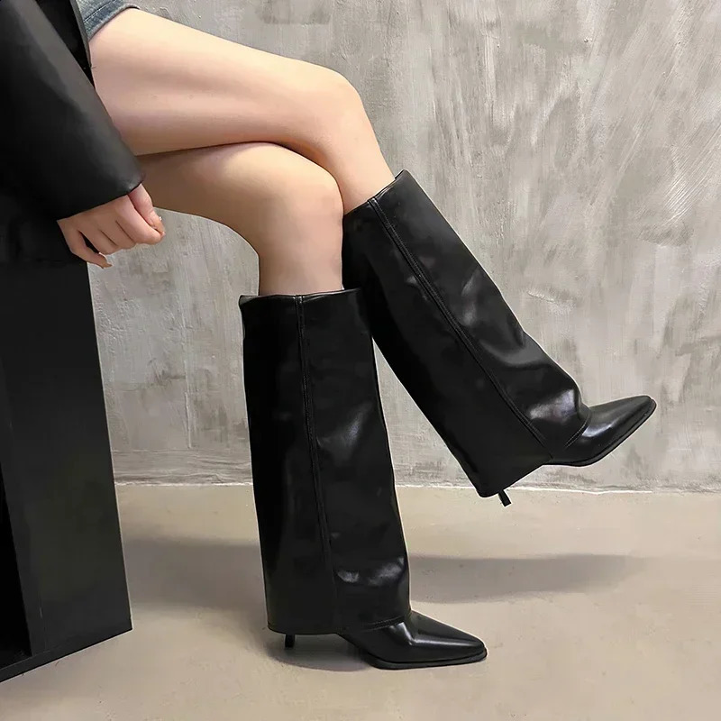 Womens Pointed Toe Knee-high Boots Stiletto Heel Sleeve High Heels Sexy Boots Women Fashion Spring and Autumn Style 250118
