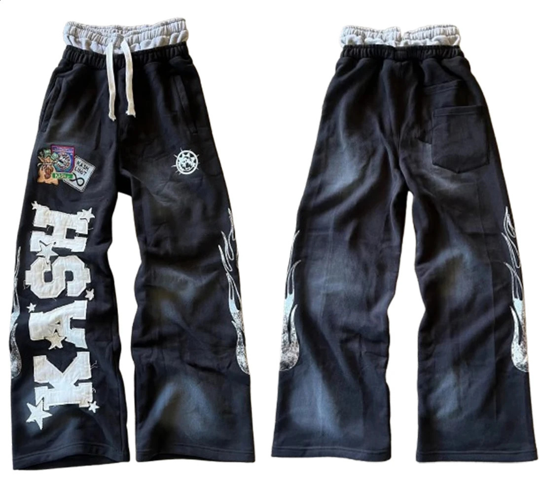Streetwear Retro Patchwork Sweatpant Y2K Pant Gothic Letter Cartoon Patch Double Layer n Elastic Waist Jogging Casual Pants 250122
